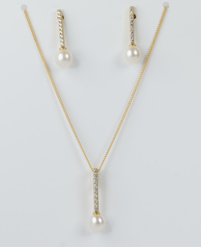 Sterling Silver Yellow Gold Plated Freshwater Pearl and CZ Drop Earrings and Pendant